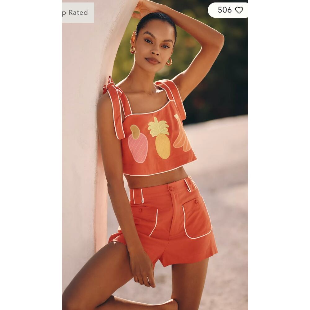 Farm Rio patch pocket linen-blend shorts & matching embroidered tank